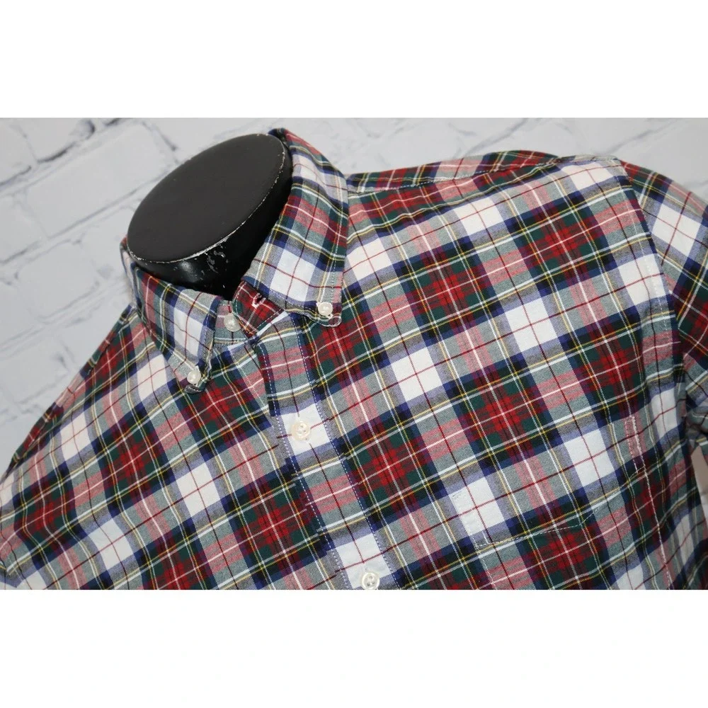 J.Crew Button Down Shirt Mens Large Red Green Plaid Broken-In Oxford Slim Fit